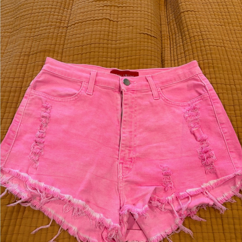 AKIRA Vibrant Pink Frayed Jean Shorts